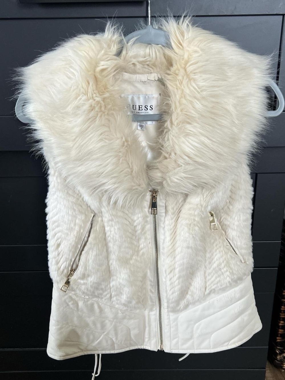 Guess Ivory Faux Fur Zip-Front Vest with Plush Collar